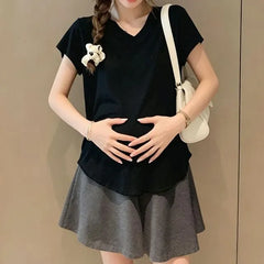 Maternity Cap Sleeve V-Neck Plain T-Shirt / Elastic Waist Plain Mini A-Line Skort