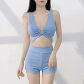 Set: V-Neck Plain Cutout Bikini Top + Swim Shorts