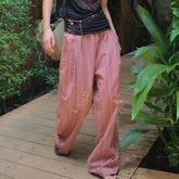 Elastic-Waist Drawstring Striped Straight Cut Pants