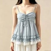 Barcode Striped Ruffle Lace Trim Flowy Camisole Top