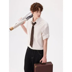 Set: Elbow-Sleeve Pinstriped Button-Up Shirt + Necktie