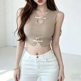 V-Neck Plain Keyhole Frog Closure Padded Crop Tank Top