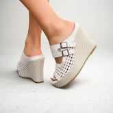 Faux Leather Peep-Toe Platform Wedge Sandals