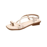 Braided Loop Toe Faux Leather Low Heel Sandals