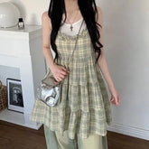 Spaghetti Strap Scoop Neck Plaid Frill Trim A-Line Dress