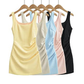 Sleeveless Scoop Neck Plain Ruched Mini Sheath Dress