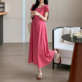 Maternity Short-Sleeve Scoop Neck Plain Midi Smock Dress