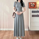 Maternity Short-Sleeve Crew Neck Plain Maxi T-Shirt Dress