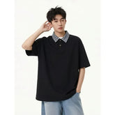 Mock Two-Piece Elbow-Sleeve Plaid Collar Polo Shirt