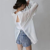 Long-Sleeve Collared Plain Backless Button Up Shirt