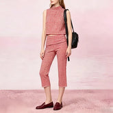 Mock Neck Gingham Slit Crop Tank Top / Mid Rise Ruched Straight Leg Capri Pants