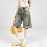 Mid Rise Distressed Wide Leg Jorts