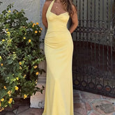 Halter V-Neck Plain Ruched Open Back Maxi Bodycon Dress