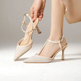 Stiletto Pointed Toe Rhinestone Mesh Slingback Sandals