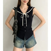 Sleeveless Sailor Collar Tie Neck Button-Up Slim-Fit Knit Top