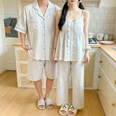 Couple Matching Striped Ruffle Pajama Camisole Top / Straight Leg Pants / Short Sleeve Collared Shirt / Shorts / Set