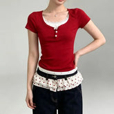 Mock Two-Piece Short-Sleeve Two-Tone Lace Trim Henley T-Shirt