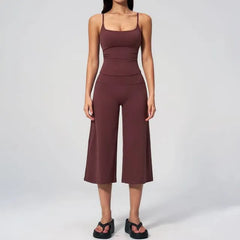 Set: Spaghetti Strap Scoop Neck Plain Camisole Top + High Waist Capri Wide Leg Sweatpants