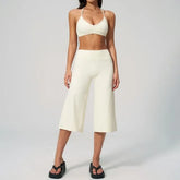 Set: V-Neck Sport Bra Top + Mid Rise Plain Capri Wide Leg Sweatpants