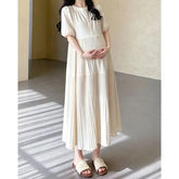 Maternity Short-Sleeve Crewneck Pleated Maxi A-Line Dress