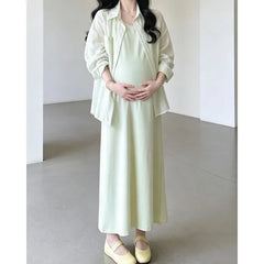 Maternity Long-Sleeve Plain Shirt / Sleeveless Maxi A-Line Dress / Set