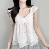 Cap-Sleeve V-Neck Perforated Flowy Crop Top