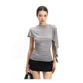 Set: Crew Neck Plain Ruched Slim Fit Tank Top + Asymmetrical Shawl
