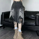 High Waist Washed Distressed Knee-Length Denim Shorts