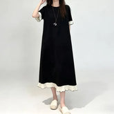 Short Sleeve Round Neck Two Tone Ruffle Midi A-Line Dress