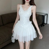 Spaghetti Strap V-Neck Plain Lace Ruffle Trim Mini A-Line Dress