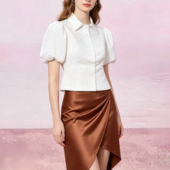Puff Sleeve Spread Collar Plain Peplum top