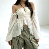 Long Sleeve Cold Shoulder Plain Ruffle High-Low Blouse
