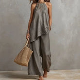 Set: Plain Asymmetrical Camisole Top + High Waist Wide Leg Pants
