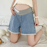 Maternity Low Rise Lace Trim Denim Wide Leg Shorts