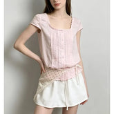 Cap Sleeve Square-Neck Lace-Trim Plain Pleated Slim-Fit Blouse