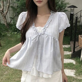 Mock Two-Piece Short-Sleeve V-Neck Frill Trim Striped Blouse