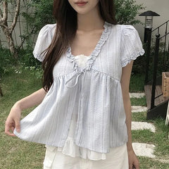 Mock Two-Piece Short-Sleeve V-Neck Frill Trim Striped Blouse