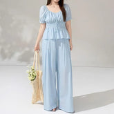 Set: Short-Sleeve V-Neck Lace Panel Smocked Blouse + High Waist Plain Wide Leg Pants