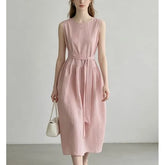 Sleeveless Round Neck Plain Tie-Waist Midi Dress