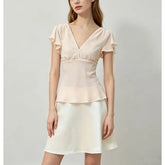 Short Sleeve V-Neck Plain Chiffon Slim-Fit Blouse