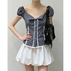 Puff Sleeve Square-Neck Lace Panel Gingham Slim-Fit Blouse