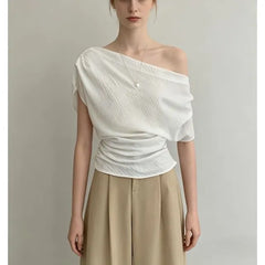 Short Sleeve Cold Shoulder Plain Ruched Slim-Fit Top