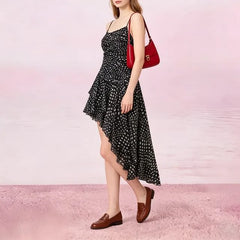 Spaghetti Strap Polka Dot Ruched Slip Asymmetrical Dress