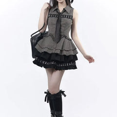 Collared Striped Studded Panel Shirt / Elastic Waist Plain Hook And Eye Ruffle A-Line Skirt / Necktie (Various Designs)