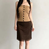 Plain Button Ribbed Knit Tube Top / High Waist Plain Mesh Mini Pencil Skirt