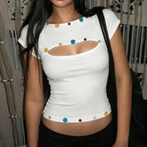 Short Sleeve Button Detail Cut-Out Slim-Fit Crop T-Shirt