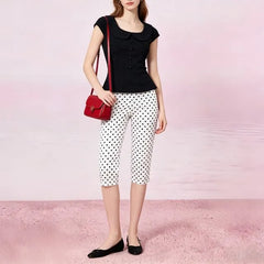 Polka Dots Capri Pants / Long-Sleeve Stand Collar Lace Up Polka Dots Shirt
