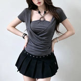 Mock Two-Piece Short-Sleeve Halter-Neck Beaded Strap Shirred Top