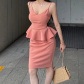 Set: Plain Peplum Camisole Top + High Waist Mini Pencil Skirt