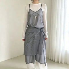 Set: Spaghetti Strap V-Neck Plain Mesh Midi A-Line Dress + Wrap Skirt